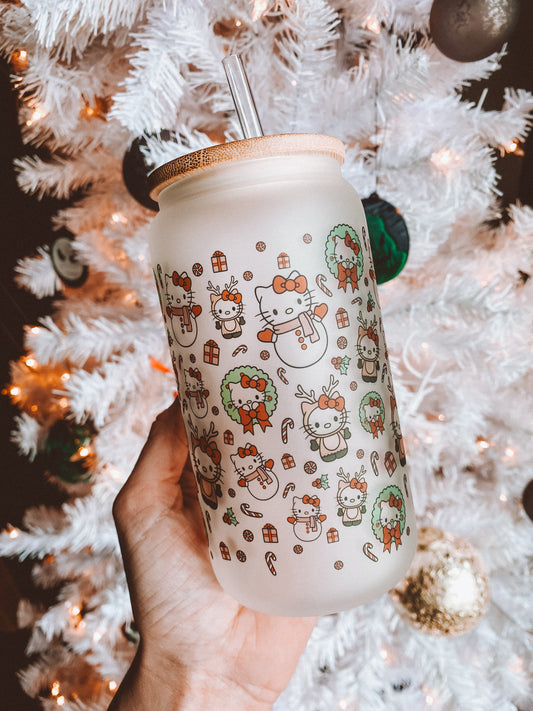 Christmas Hello Kitty frosted glass 16oz